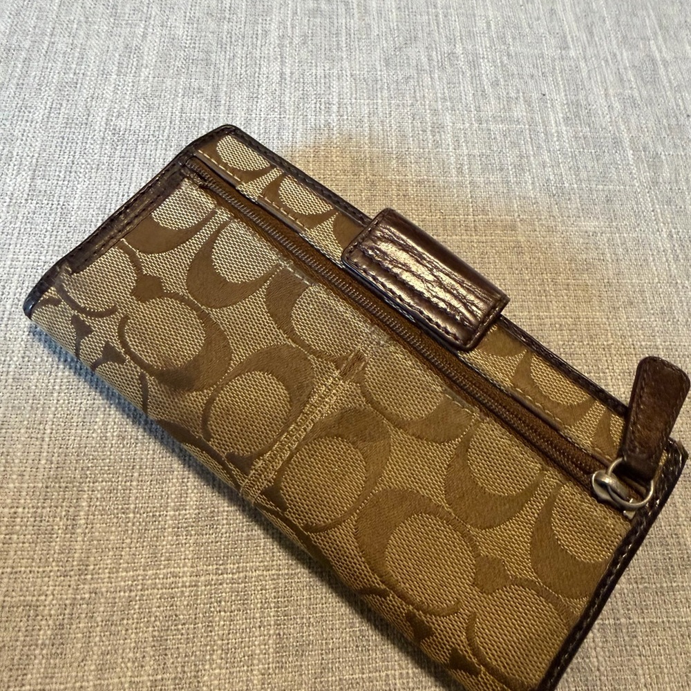 Coach Signature Canvas Checkbook Wallet Brown Leather Trim Snap Closure - Picture 3 of 9